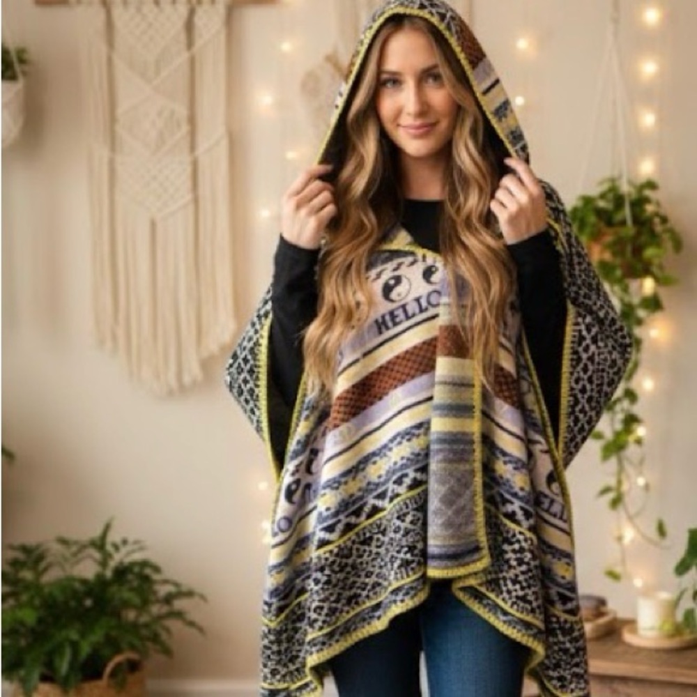 URBAN OUTFITTED HOODED CAPE OR PONCHO. MULTI COLORED. HELLO &YIN YAN SYMBOLS
